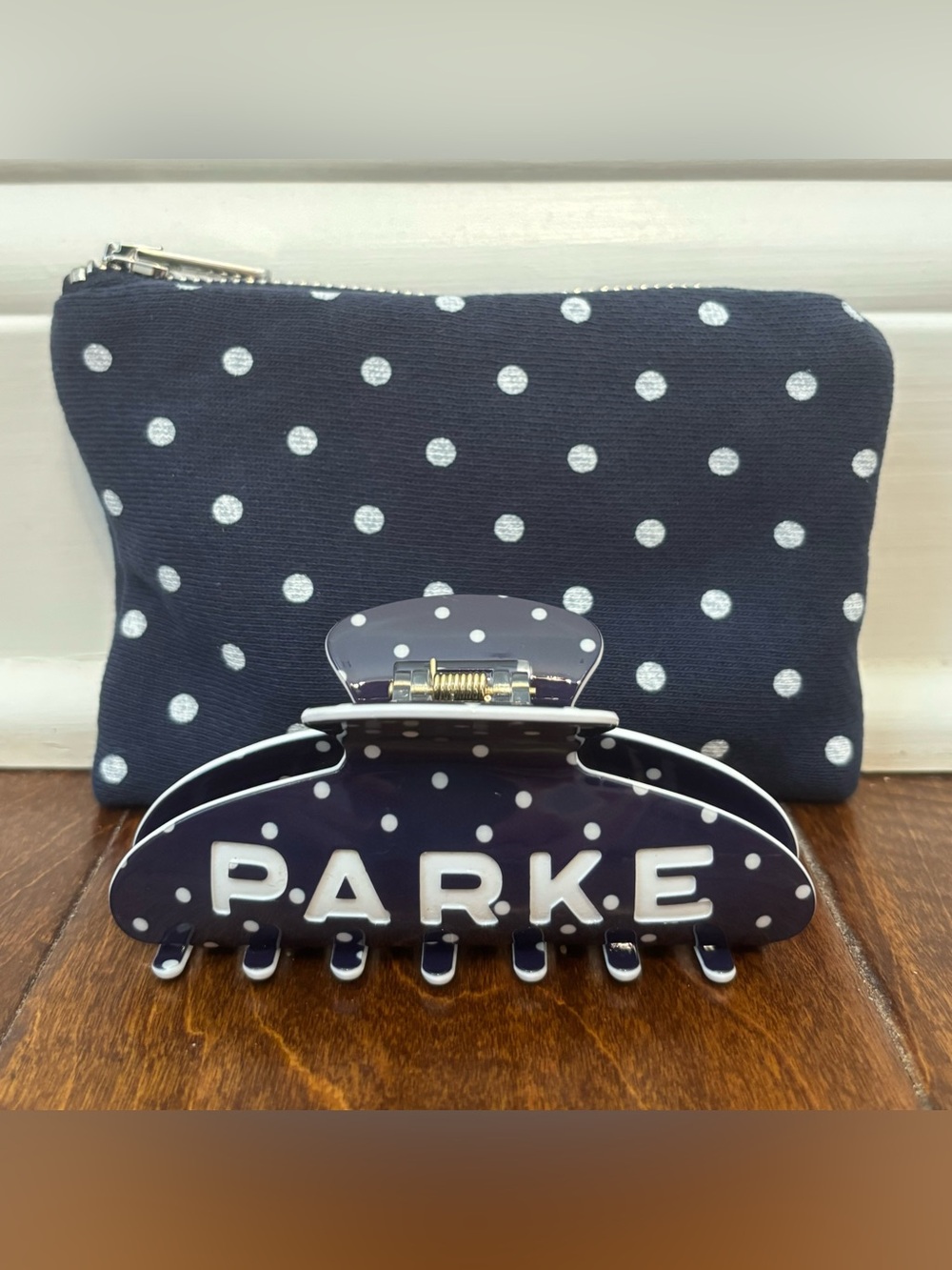 New Parke Claw Clip In Denim + White Polka Dot